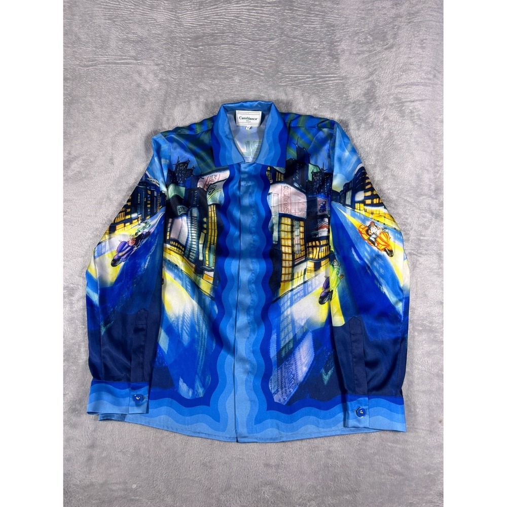 Casablanca Midnight Tokyo Japan Print Silk Shirt long sleeve button up M Blue